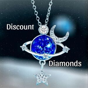 Blue Moon & Star Diamond Pendant Necklace on 925 Silver